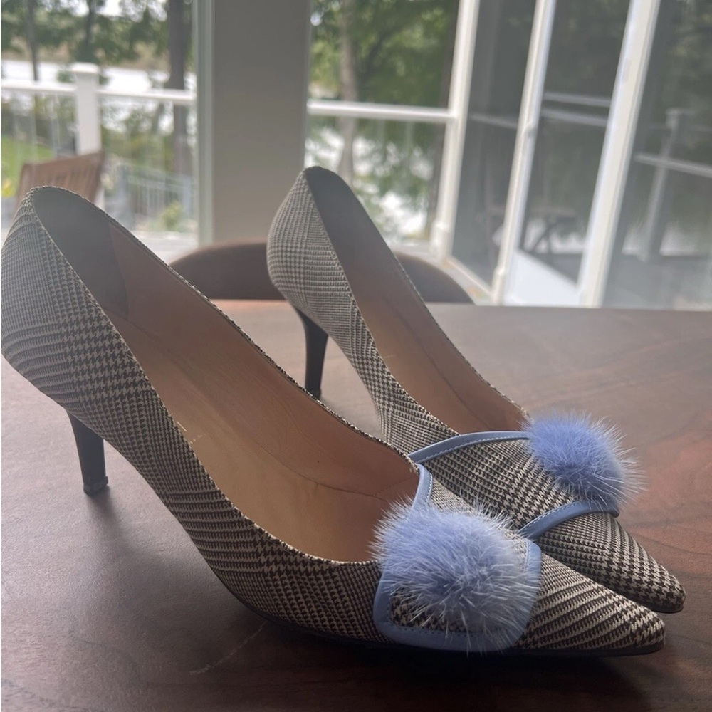 Casadei Plaid Pumps Heels with Light Blue Puff Poms